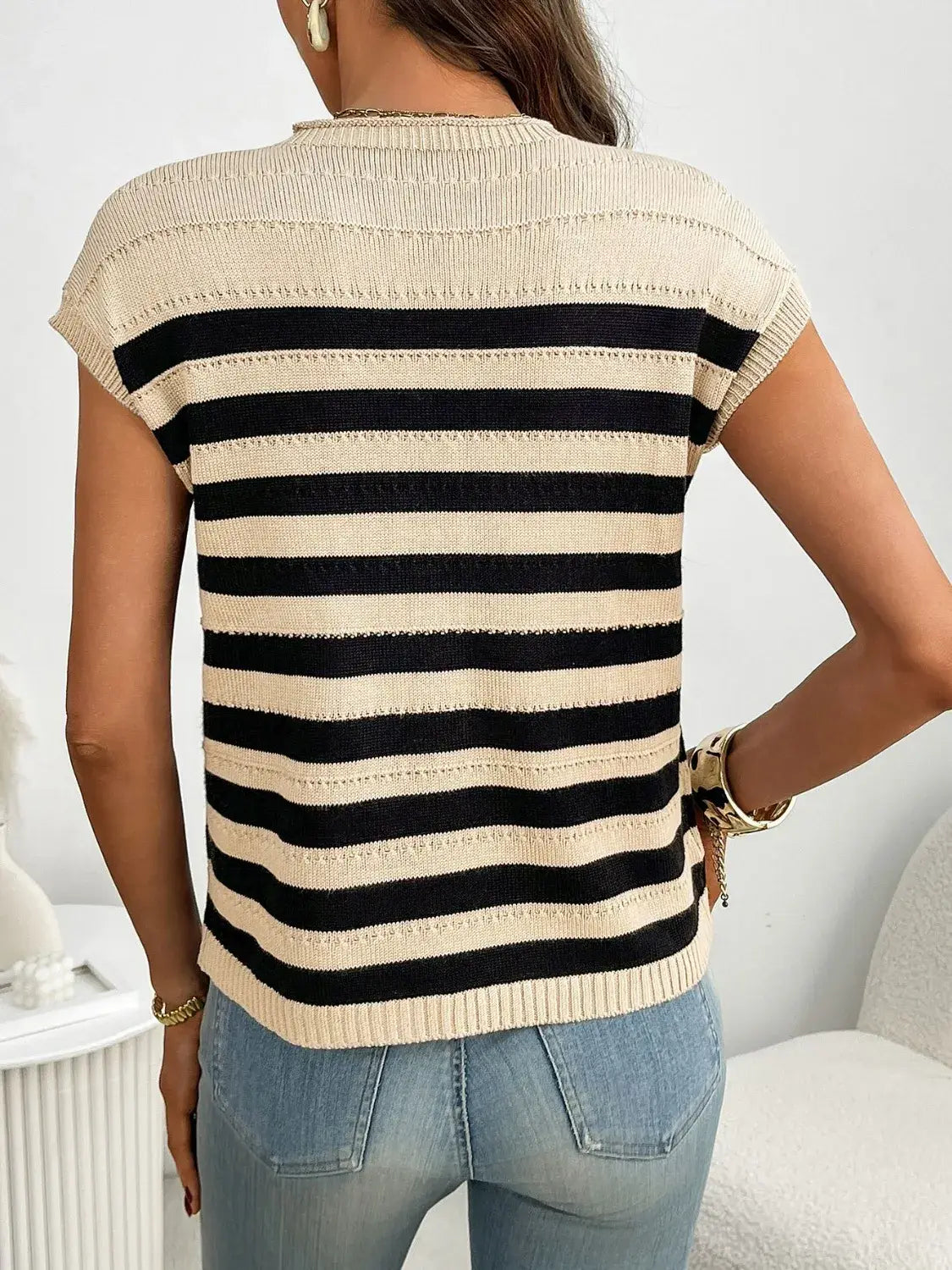 Striped Mock Neck Cap Sleeve Knit Top - Trendsi - Flyclothing LLC