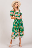 SAGE + FIG Printed Smocked Short Sleeve Midi Dress - Trendsi