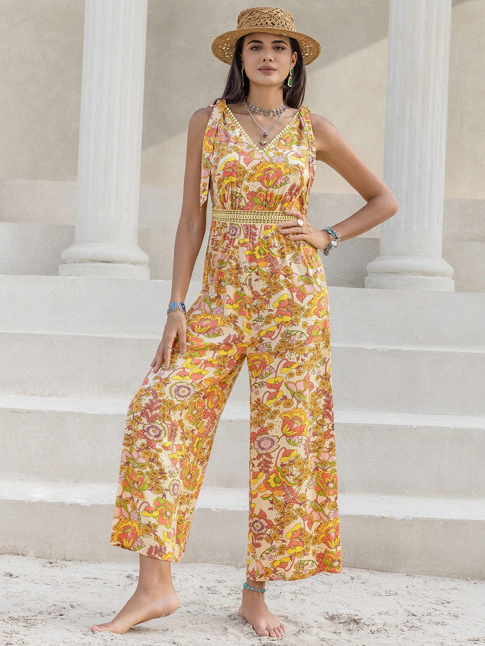 Printed V-Neck Tie Shoulder Jumpsuit - Trendsi