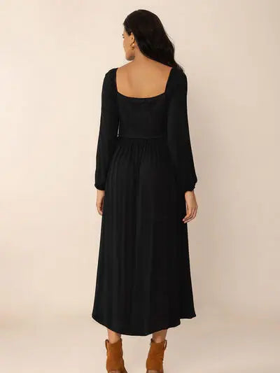 Lace-Up Square Neck Long Sleeve Midi Dress - Trendsi - Flyclothing LLC
