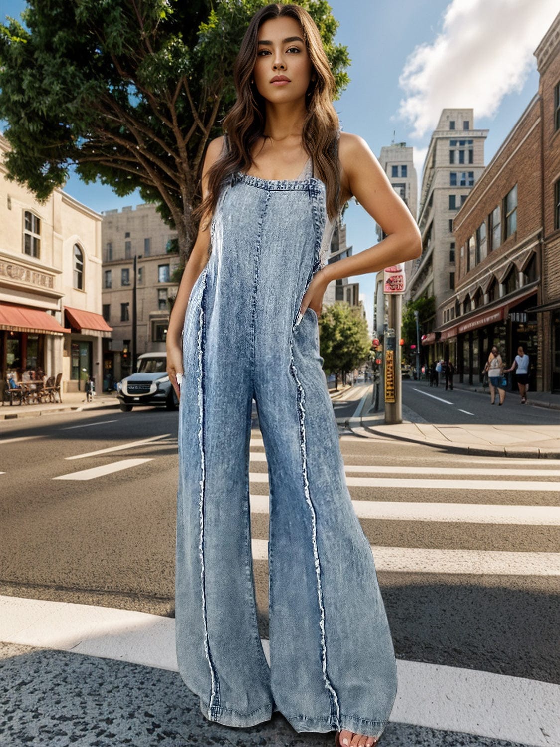 Adjustable Strap Wide Leg Denim Overalls - Trendsi