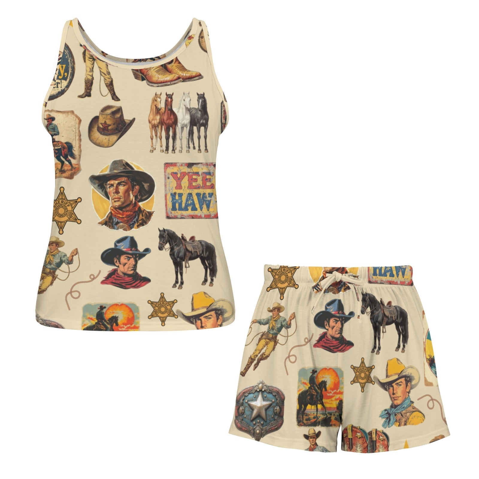 Baha Ranch Vintage Cowboy Collage Pajama Lounge Tank Shorts Set Made in America