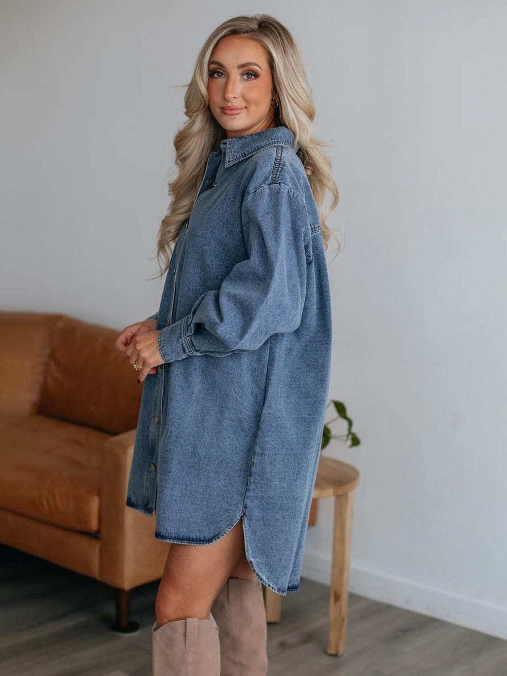 Button Up Collared Neck Long Sleeve Denim Dress - Trendsi - Flyclothing LLC