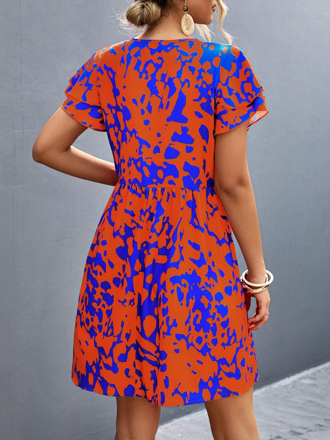 Ruffled Printed V-Neck Short Sleeve Mini Dress - Trendsi - Flyclothing LLC