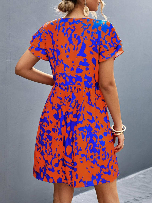 Ruffled Printed V-Neck Short Sleeve Mini Dress - Trendsi - Flyclothing LLC