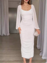 Ruched Sheer Long Sleeve Dress - Trendsi - Flyclothing LLC