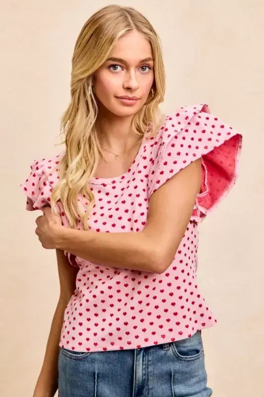 BiBi Heart Patterned Knit Ruffled Sleeves Top - Trendsi - Flyclothing LLC