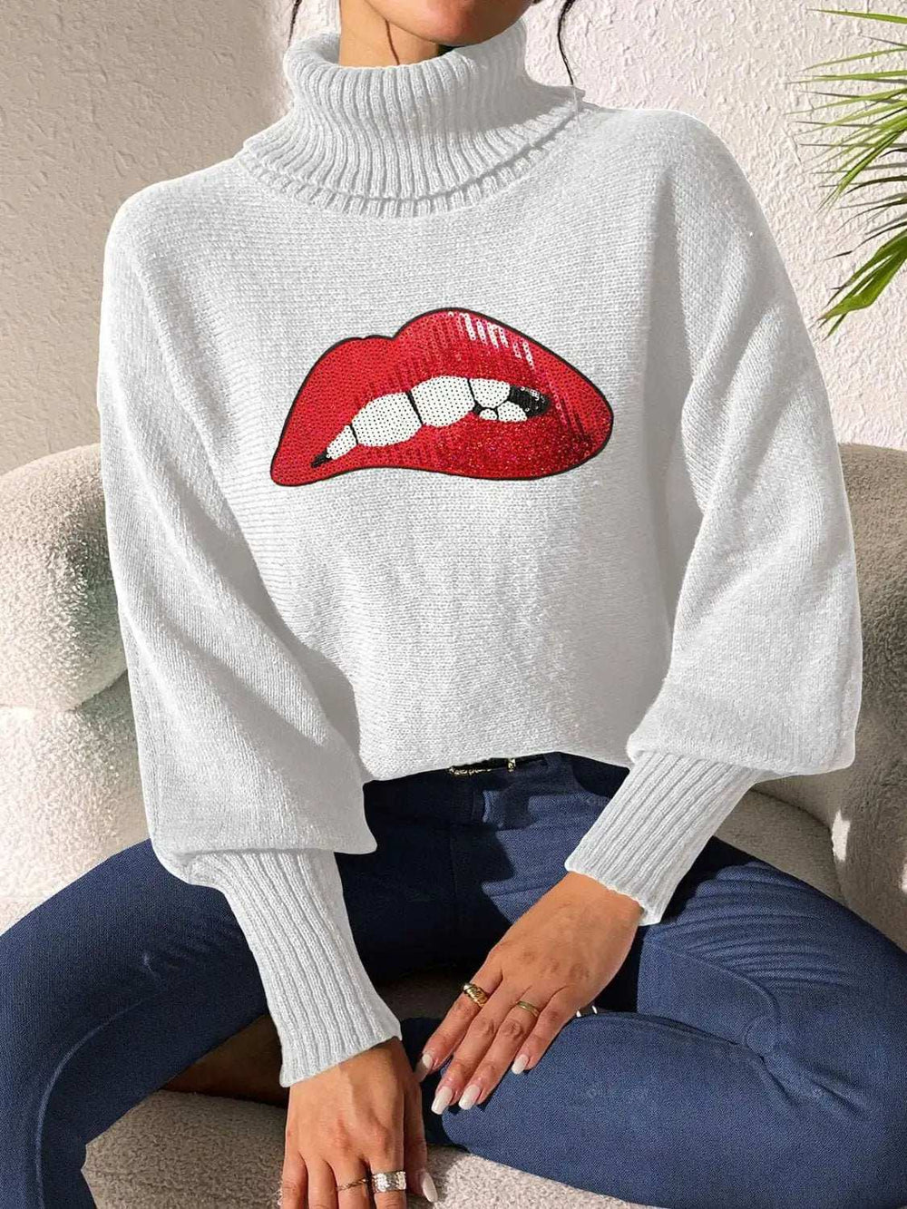 Lip Turtleneck Long Sleeve Sweater - Trendsi - Flyclothing LLC