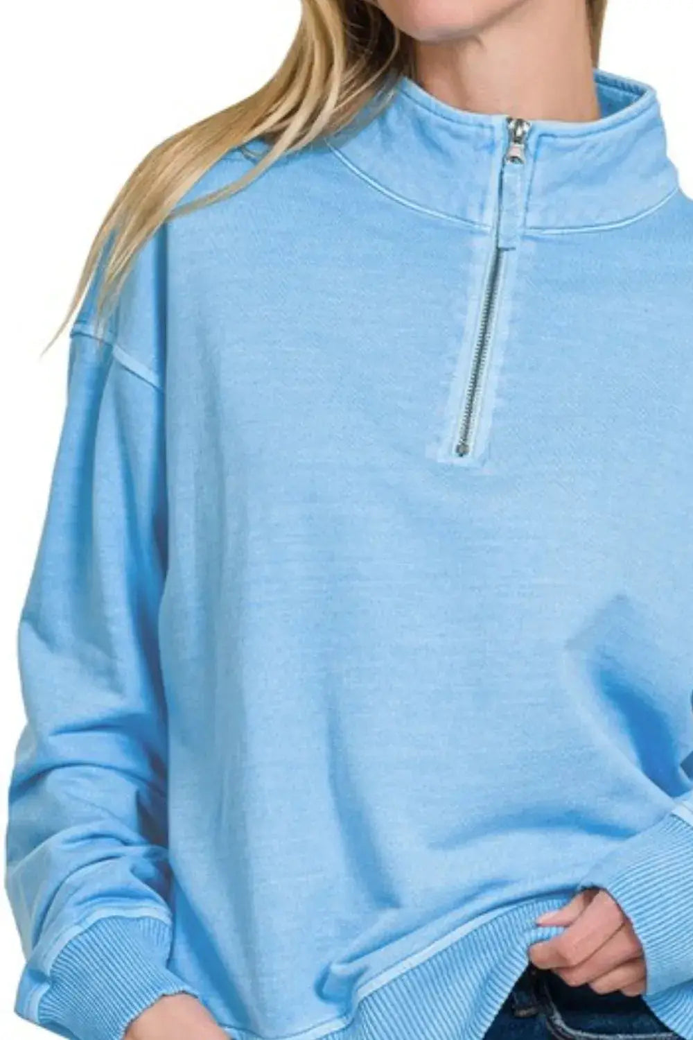 Zenana F/terry Pigment Dye & Enzyme Washing Half Zip Top - Trendsi - Flyclothing LLC
