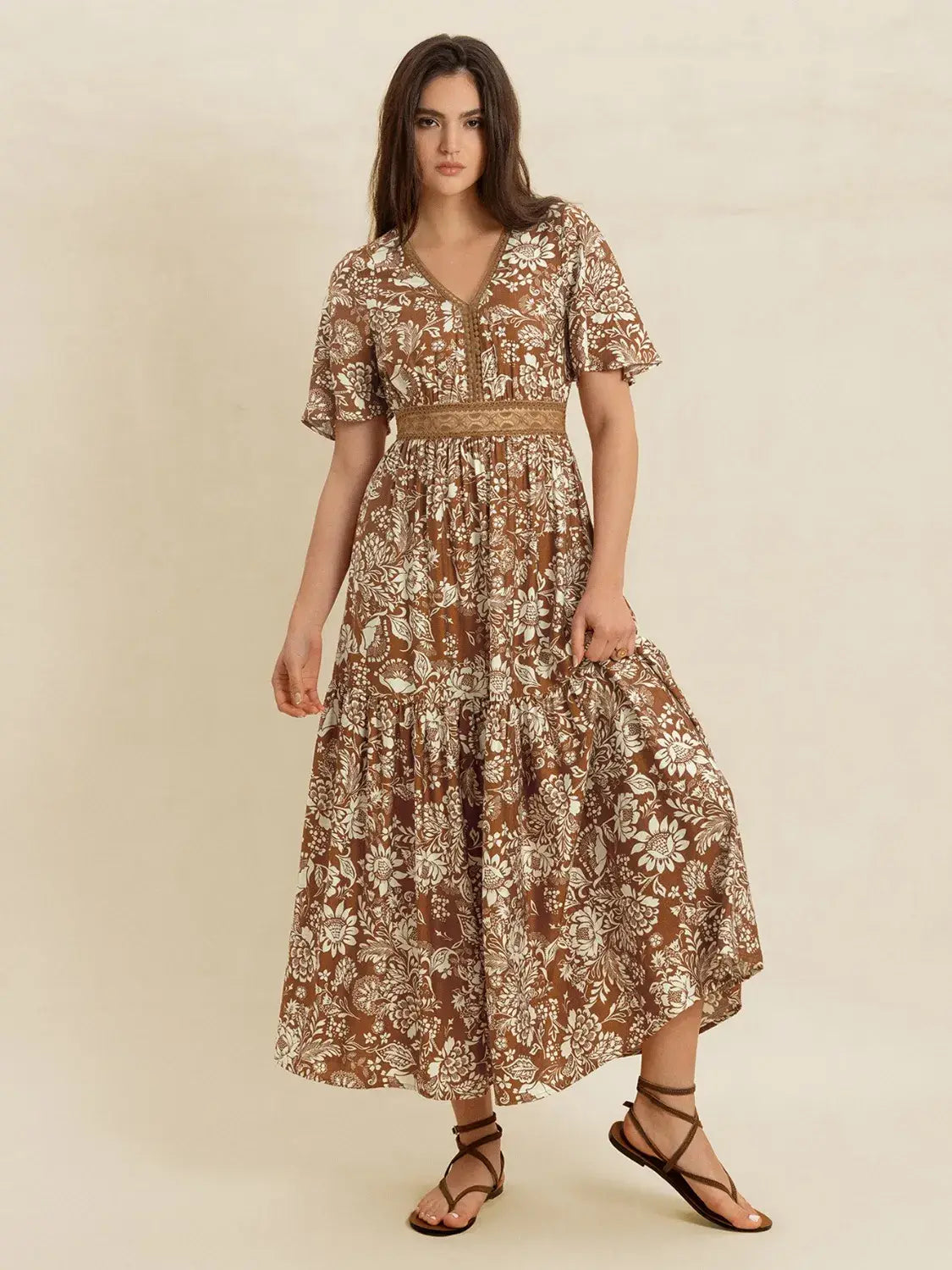 Lace Detail Printed Short Sleeve Midi Dress - Trendsi - Flyclothing LLC