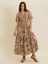 Lace Detail Printed Short Sleeve Midi Dress - Trendsi - Flyclothing LLC