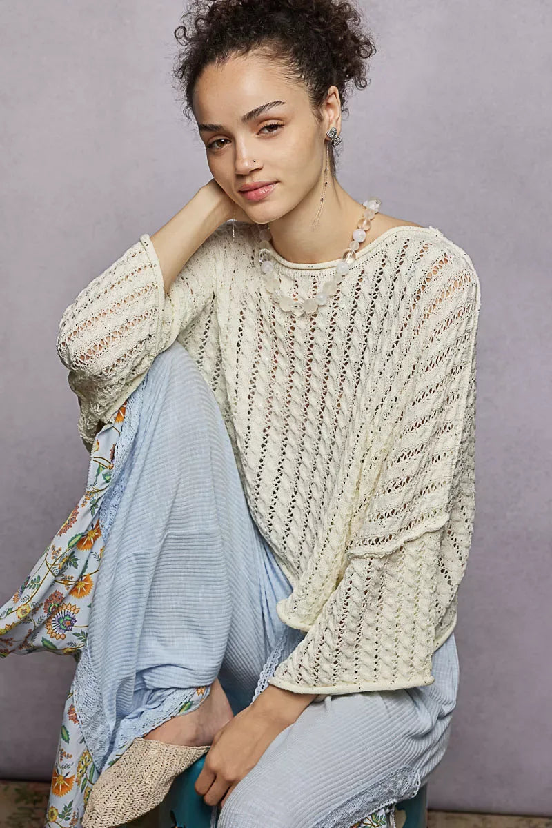 POL Cable-Knit Openwork Round Neck Cropped Sweater - Trendsi - Flyclothing LLC