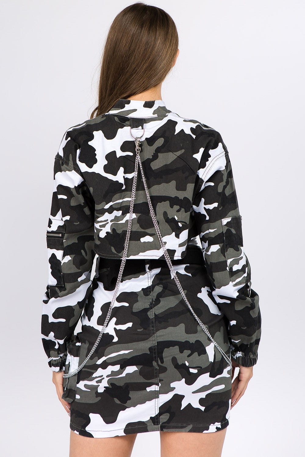 American Bazi Camouflage Cropped Jacket with Chains - Trendsi