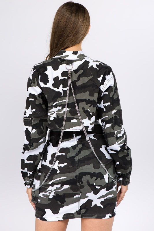 American Bazi Camouflage Cropped Jacket with Chains - Trendsi