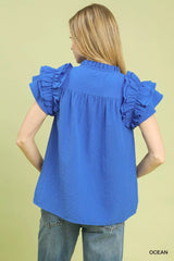 Umgee Textured Ruffle Sleeve Notched Top - Trendsi - Flyclothing LLC