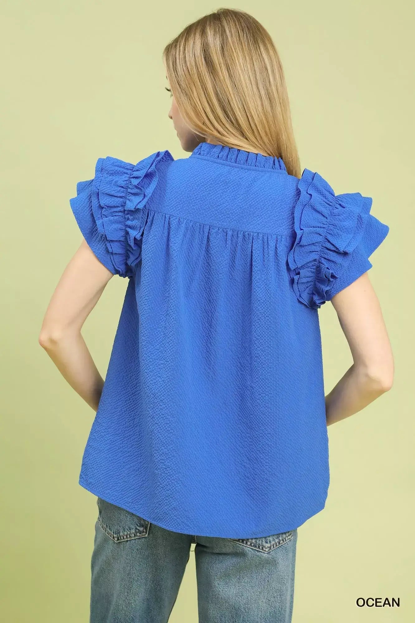 Umgee Textured Ruffle Sleeve Notched Top - Trendsi - Flyclothing LLC