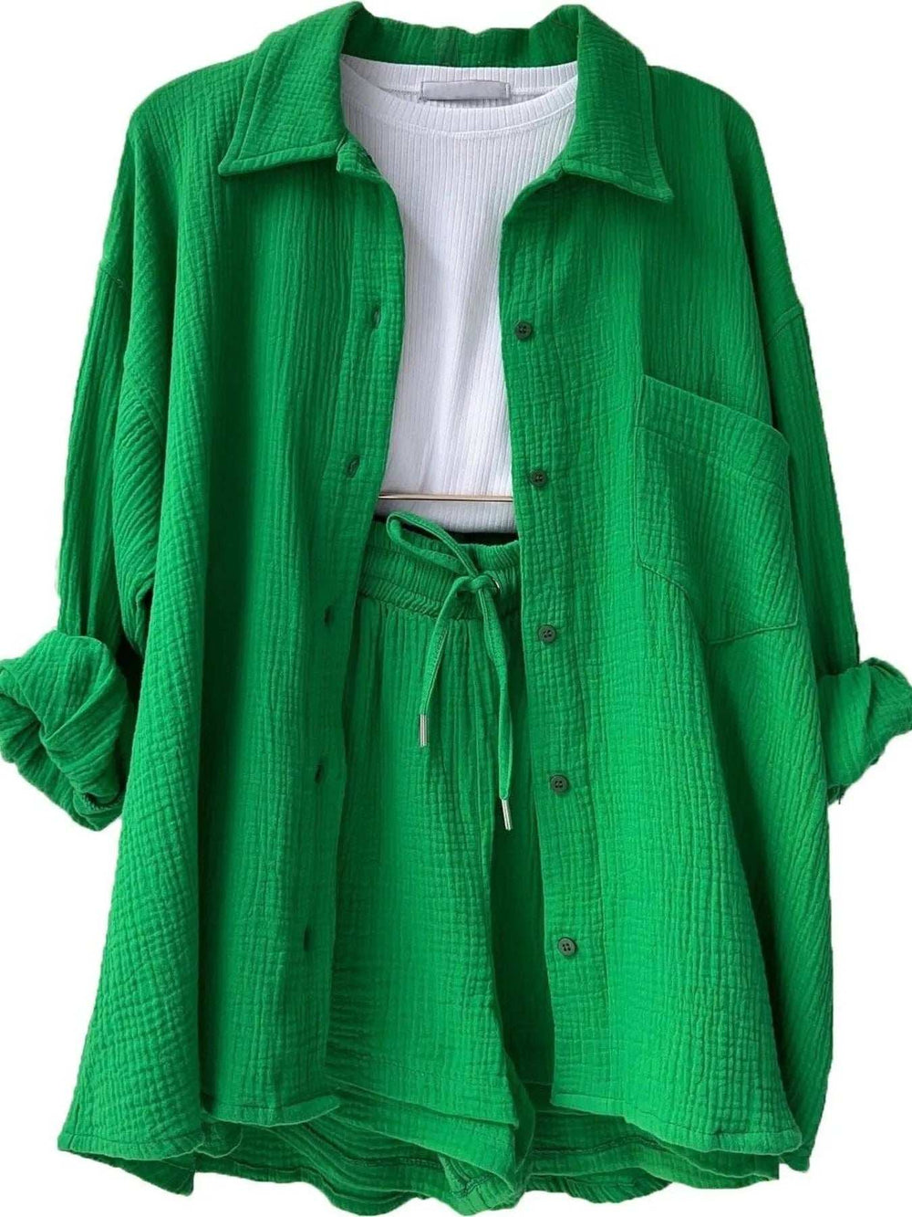 Textured Button Up Shirt and Shorts Set - Trendsi - Flyclothing LLC