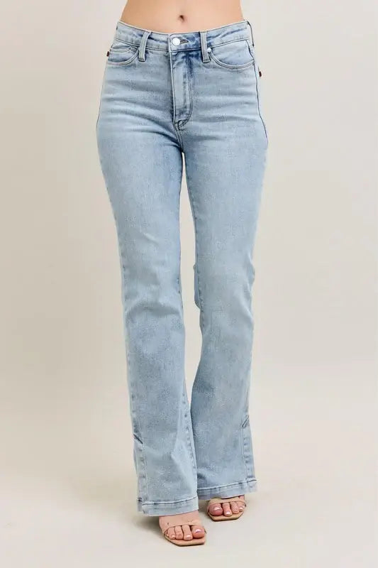 Judy Blue Full Size Tummy Control Vintage Wash Side Slit Slim Boot Jeans Plus Size - Trendsi - Flyclothing LLC
