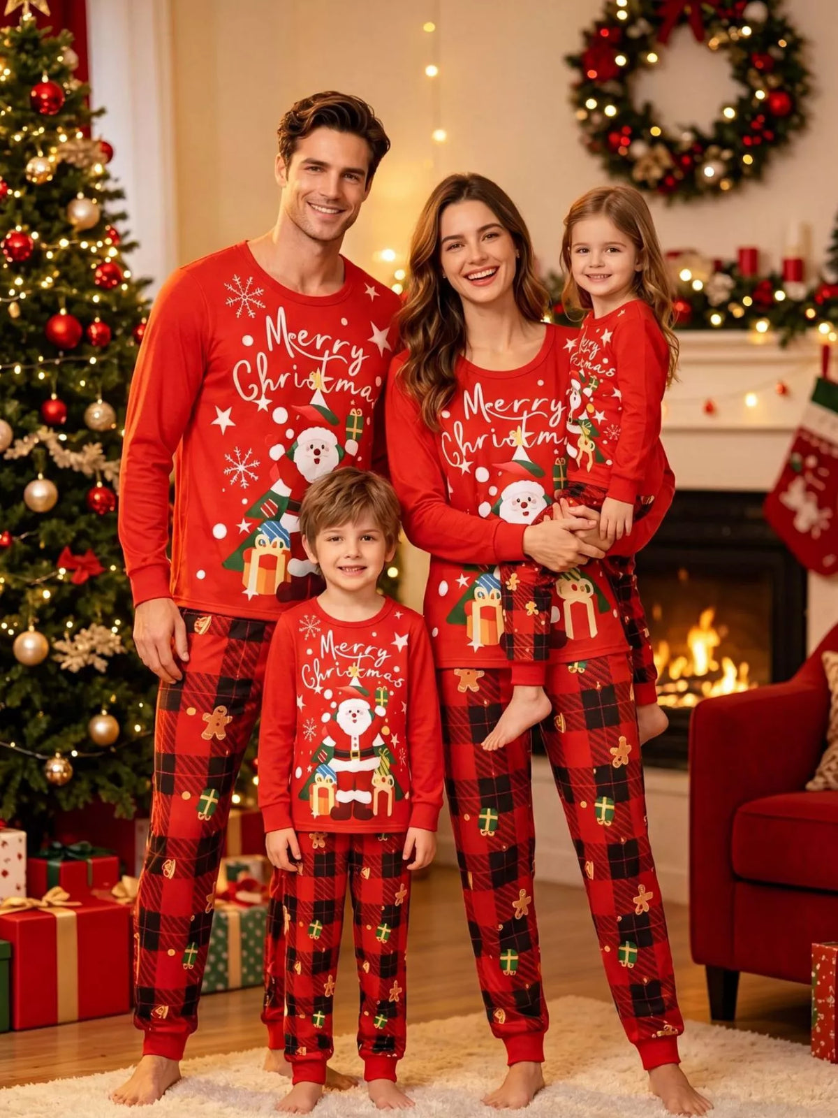 Family Matching Christmas Pajama Set with Santa and Plaid Print - Trendsi - Flyclothing LLC
