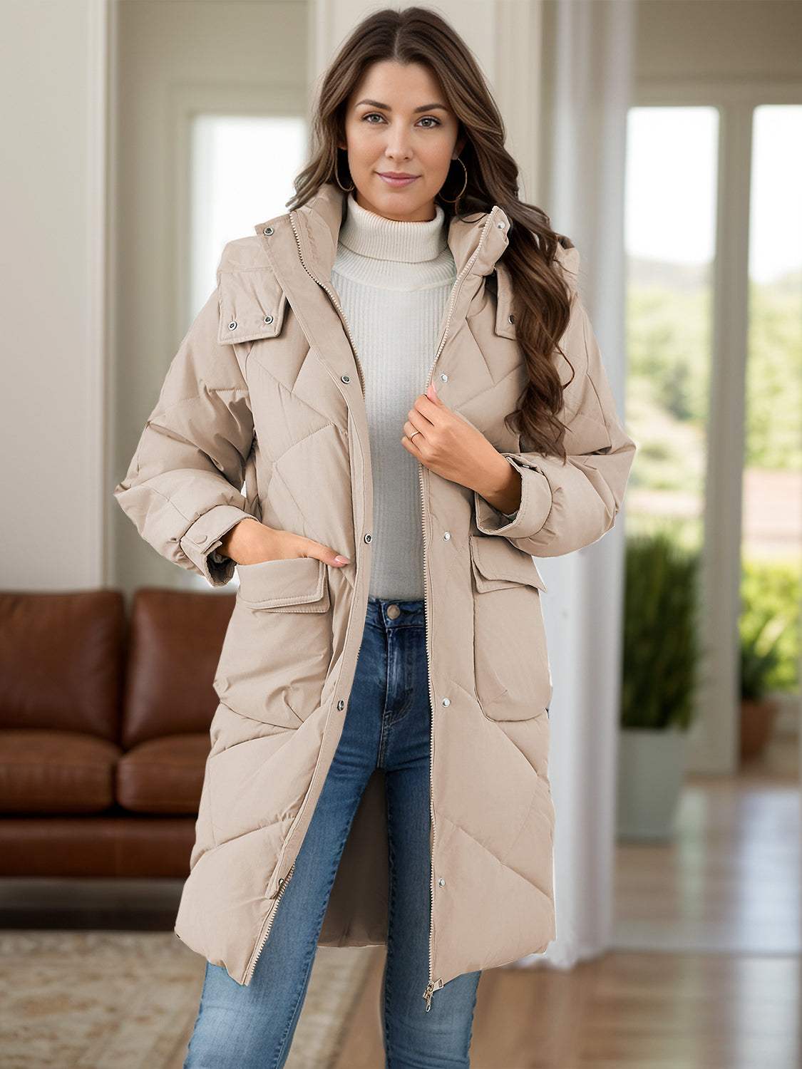 Long Sleeve Longline Hooded Winter Coat with Pockets - Trendsi - Flyclothing LLC