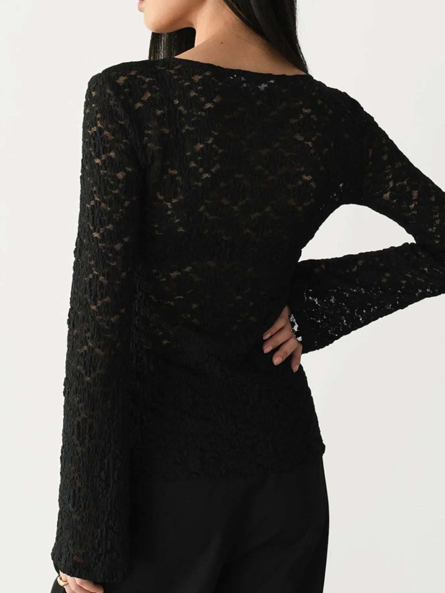 Lace V-Neck Flare Sleeve T-Shirt - Trendsi - Flyclothing LLC