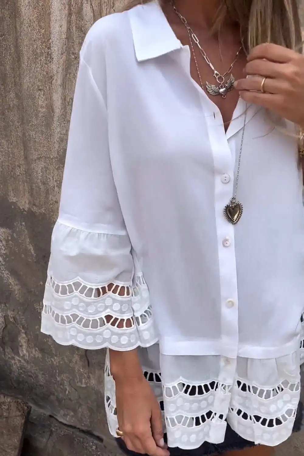 Cutout Collared Neck Three-Quarter Sleeve Shirt - Trendsi - Flyclothing LLC