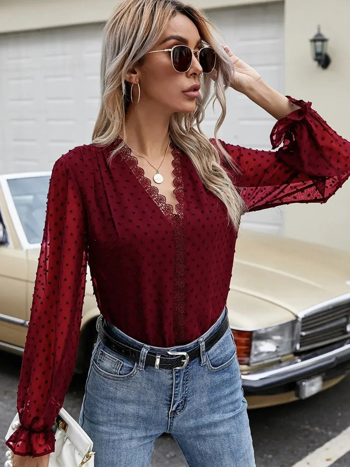Lace Detail V-Neck Swiss Dot Blouse - Trendsi - Flyclothing LLC