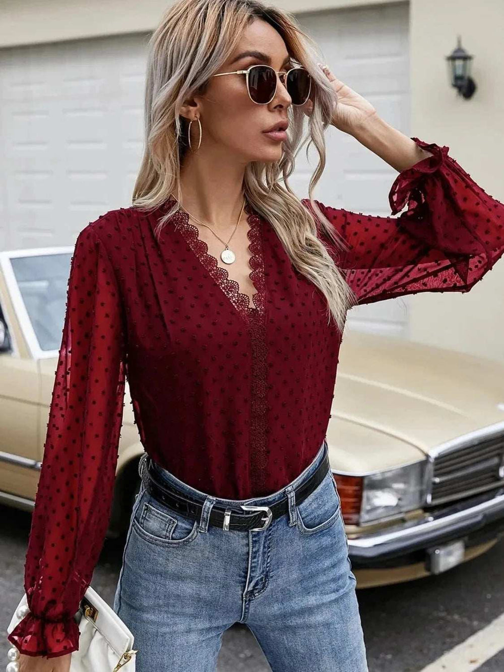 Lace Detail V-Neck Swiss Dot Blouse - Trendsi - Flyclothing LLC