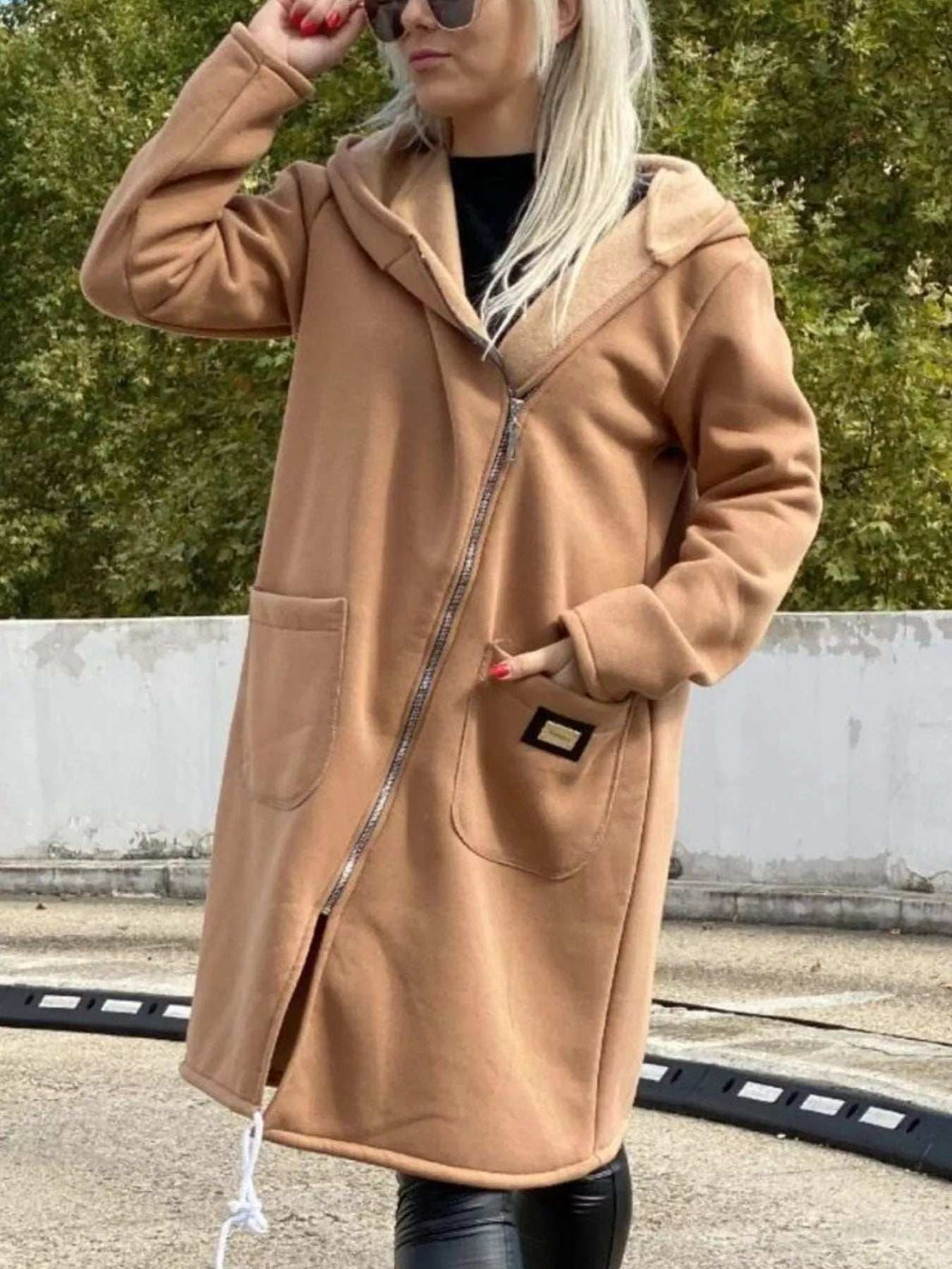 Full Size Asymmetrical Zip-Up Hooded Fleece Outerwear Plus Size - Trendsi - Flyclothing LLC