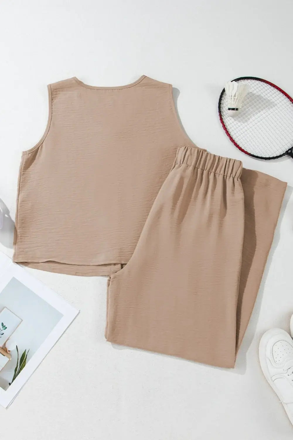 Button Down Vest and Drawstring Wide Leg Pants Set - Trendsi - Flyclothing LLC