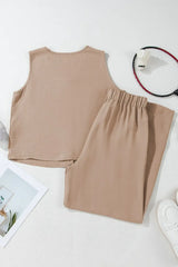 Button Down Vest and Drawstring Wide Leg Pants Set - Trendsi - Flyclothing LLC