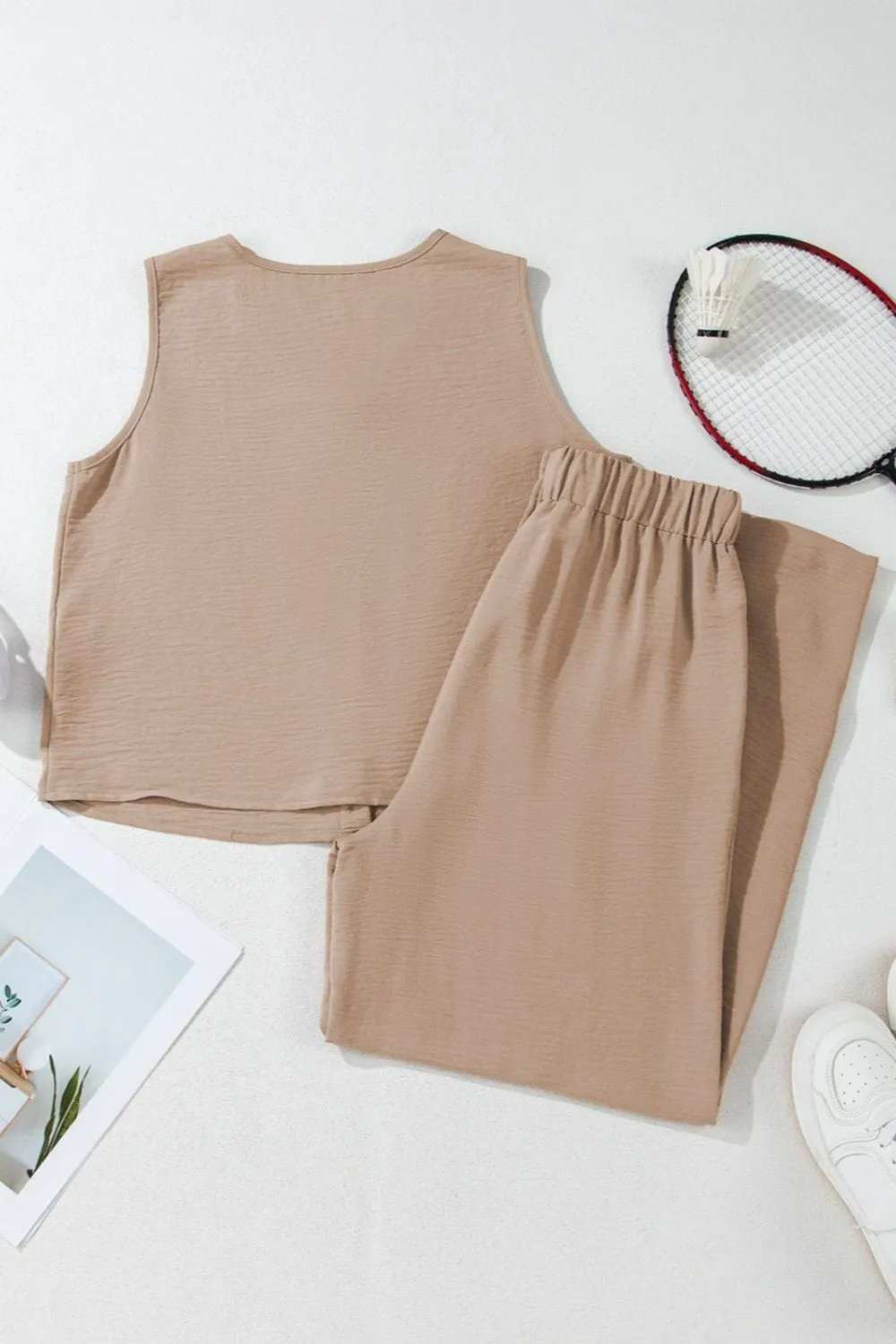 Button Down Vest and Drawstring Wide Leg Pants Set - Trendsi - Flyclothing LLC