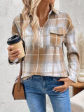 Plaid Collared Neck Half Zip Long Sleeve Top - Trendsi
