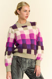 Davi & Dani Checkered Round Neck Long Sleeve Sweater - Trendsi