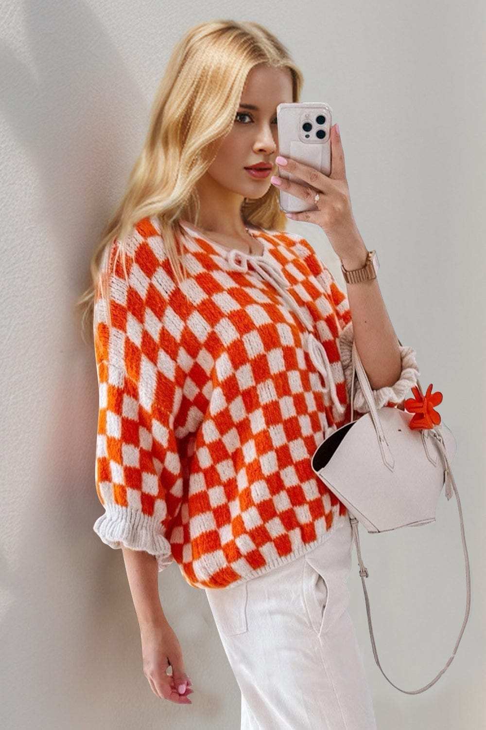 Double Take Tied Checkered Dropped Shoulder Flounce Sleeve Cardigan - Trendsi - Flyclothing LLC