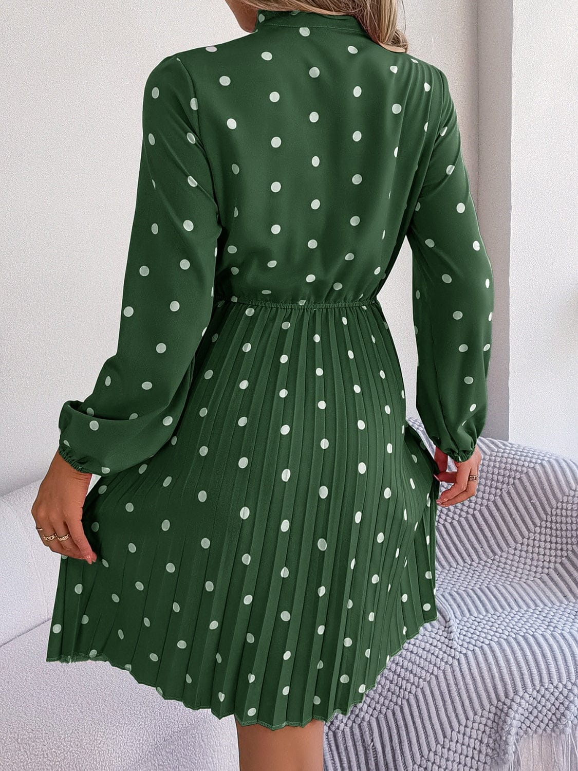 Polka Dot Tie Neck Pleated Dress - Trendsi