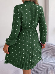 Polka Dot Tie Neck Pleated Dress - Trendsi