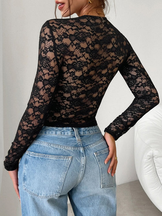 Devine Scoop Neck Long Sleeve Lace Top - Trendsi