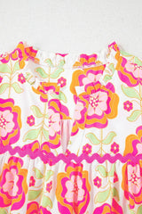 Floral Ruffled Sleeve Ric-Rac Trim Split Neck Loose Blouse - Trendsi - Flyclothing LLC