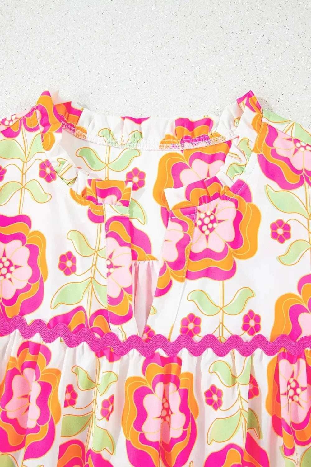 Floral Ruffled Sleeve Ric-Rac Trim Split Neck Loose Blouse - Trendsi - Flyclothing LLC