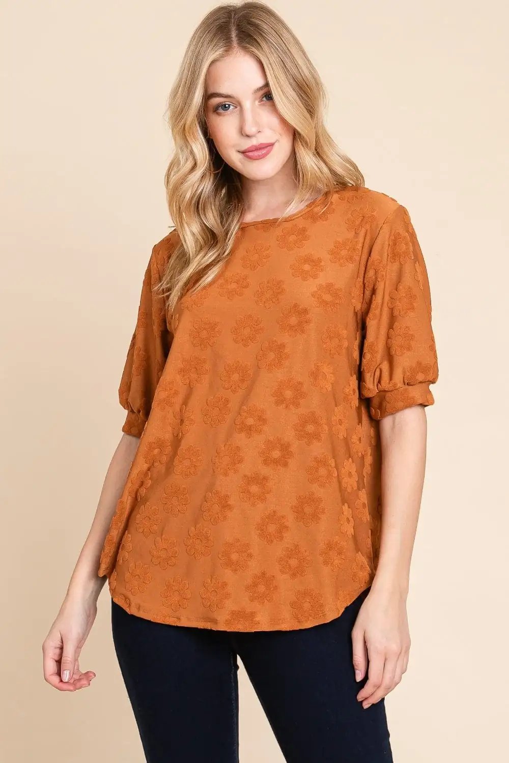 BOMBOM Textured Floral Pattern Top - Trendsi
