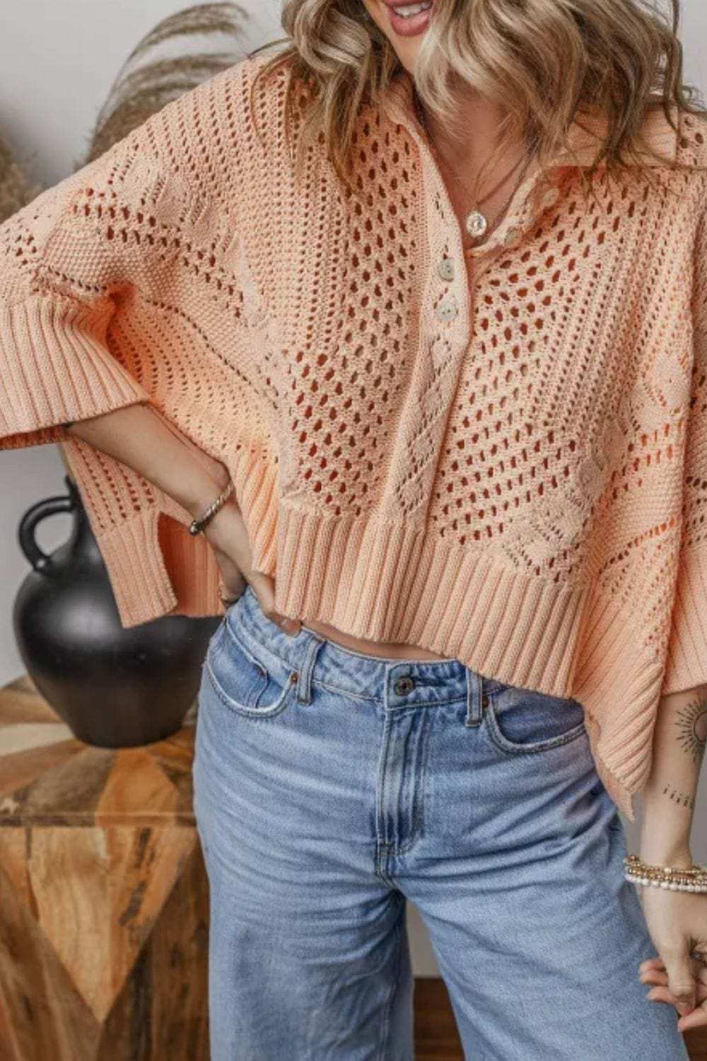 Cutout Collared Neck Three-Quarter Sleeve Sweater - Trendsi - Flyclothing LLC