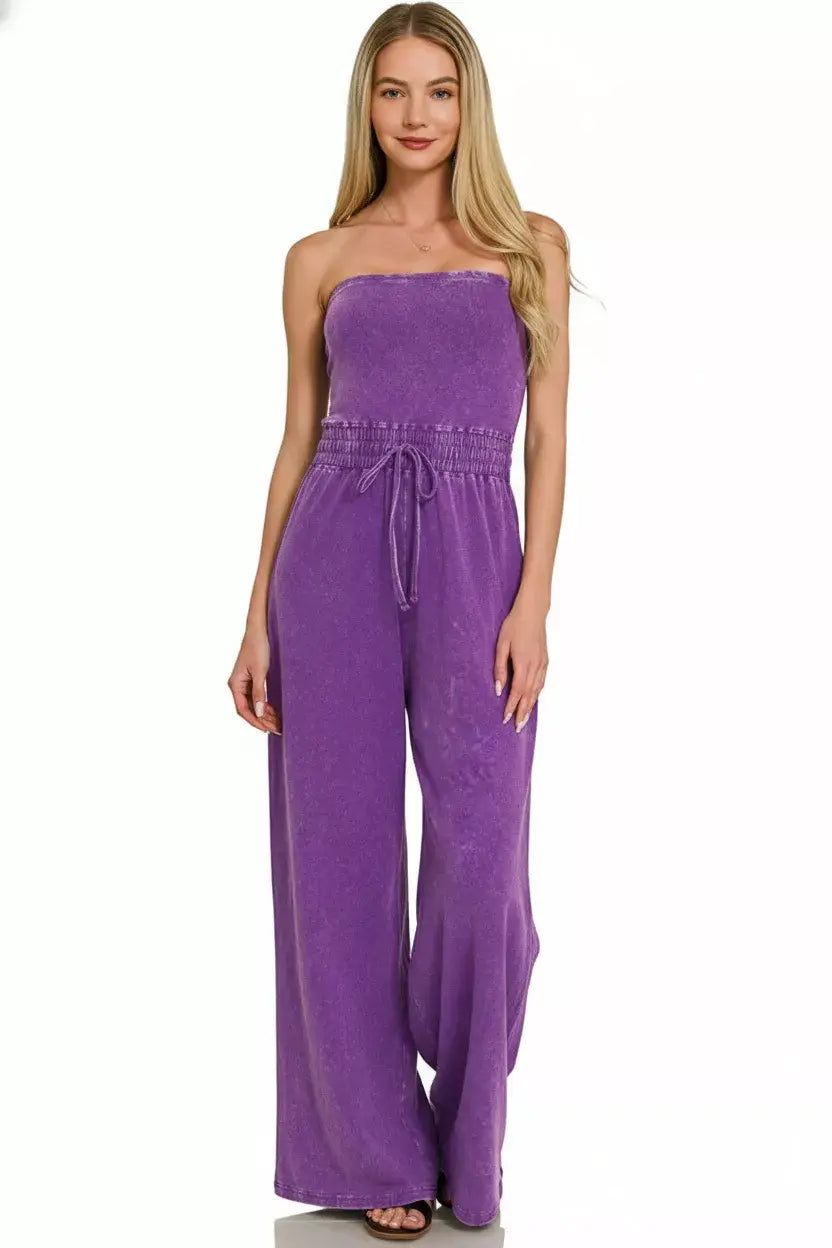 Zenana Acid Washed Strapless Tube Top Jumpsuit - Trendsi - Flyclothing LLC
