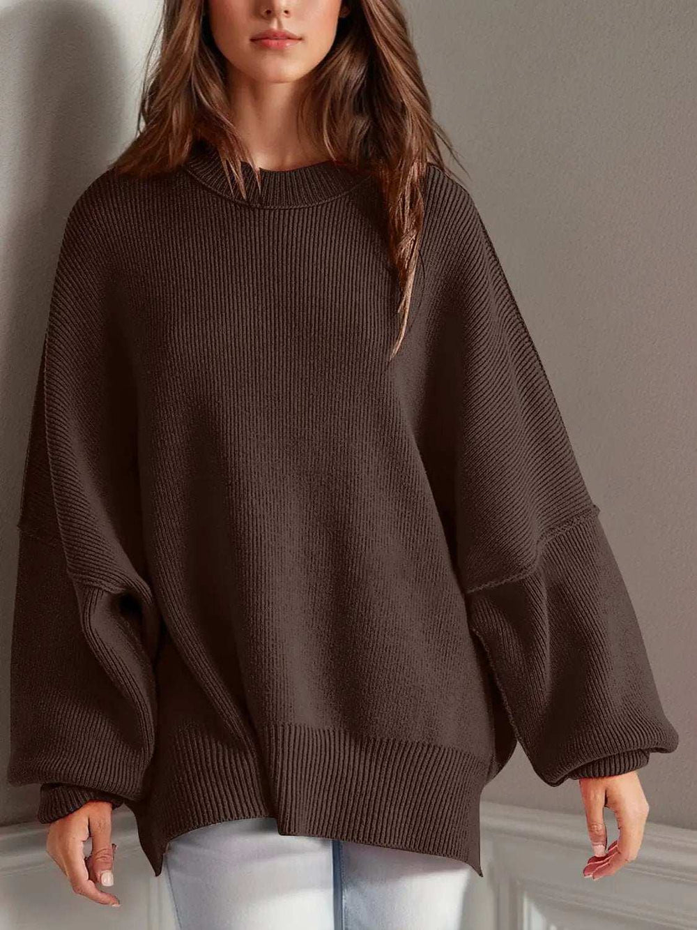 Double Take Side Slit Round Neck Long Sleeve Sweater - Trendsi - Flyclothing LLC