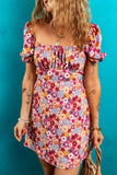 Floral Puff Sleeve Square Neck Knot Open Back Mini Dress - Trendsi