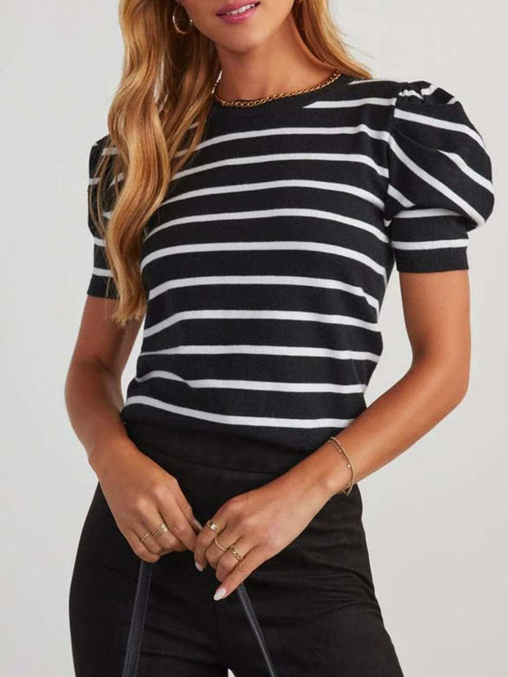 Striped Round Neck Puff Sleeve Knit Top - Trendsi - Flyclothing LLC