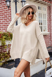 Slit V-Neck Dropped Shoulder Sweater - Trendsi