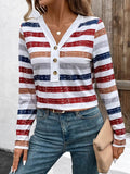 Contrast Striped V-Neck Long Sleeve T-Shirt - Trendsi
