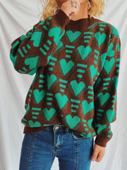 Heart Contrast Long Sleeve Dropped Shoulder Sweater - Trendsi