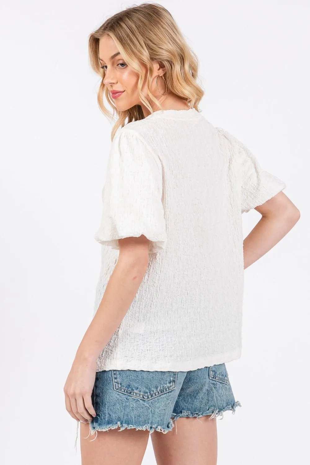 Ces Femme Textured Puff Sleeve Top - Trendsi - Flyclothing LLC